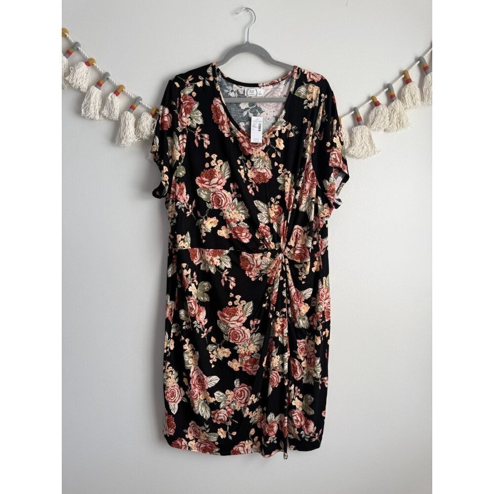 Maurices 24/7 Black Floral Jersey Faux Wrap Short Sleeve Midi Dress Plus NWT 2x